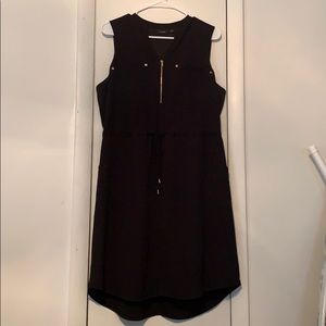 Black professional shift dress with gold accents